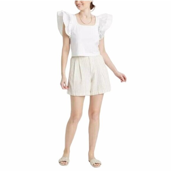 ⭐Womens Crop Top blouse Double Flutter Short Sleeve L Slim Fit White Cotton New - Picture 3 of 8